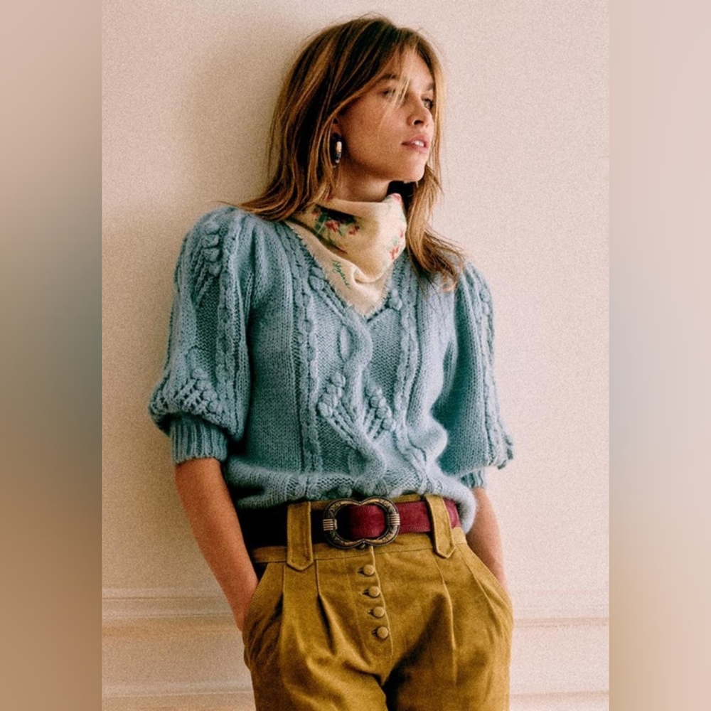 Sezane Light Blue Cable Knit Puff Sleeve Sweater
